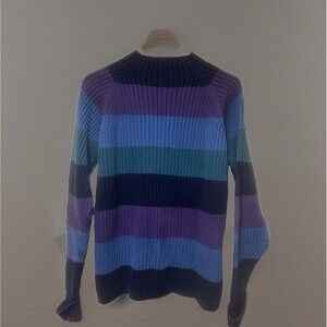 Vintage Ribbed Knit Striped  Sweater Studio Works Sz L Blue Purple Teal